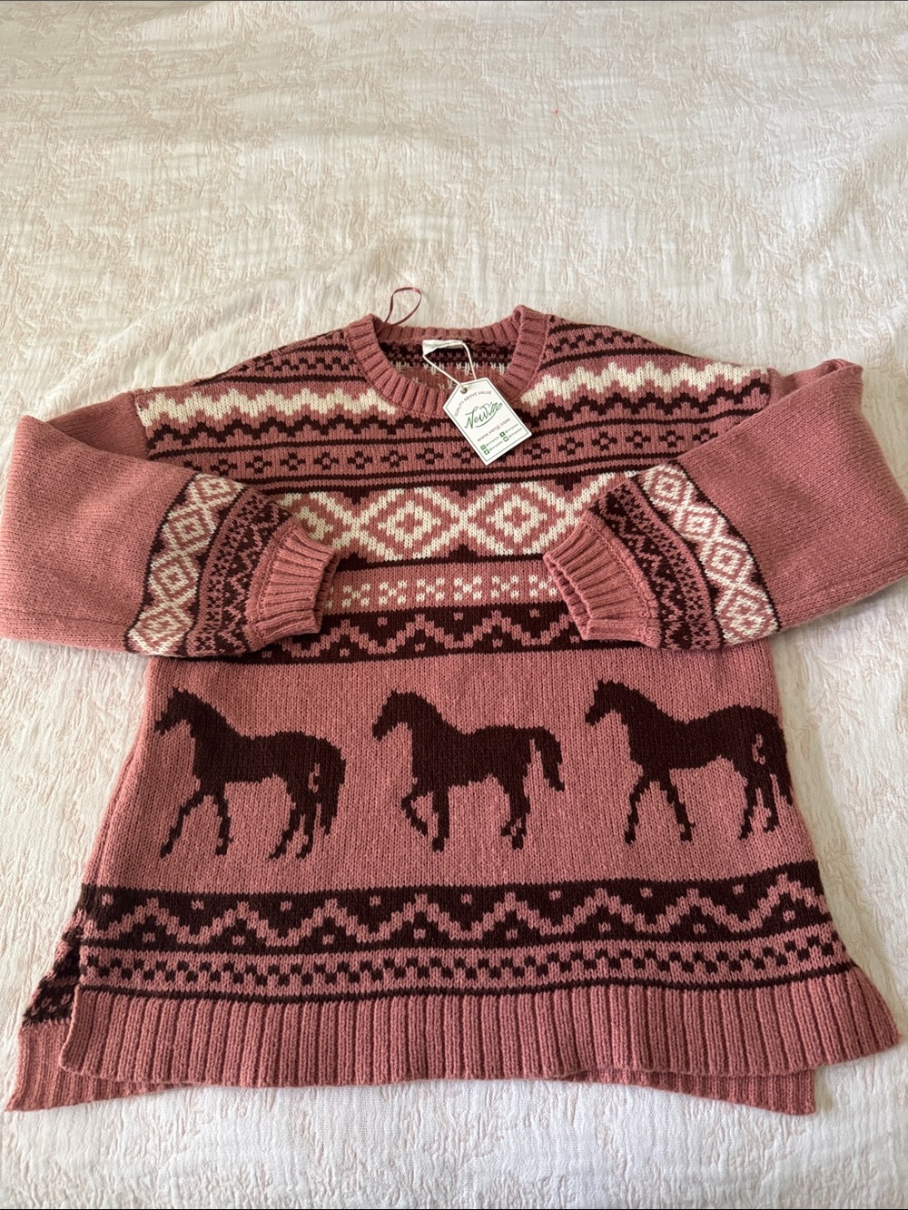 Very J Dusty Rose Fair Isle Horse Motif Crewneck Sweater